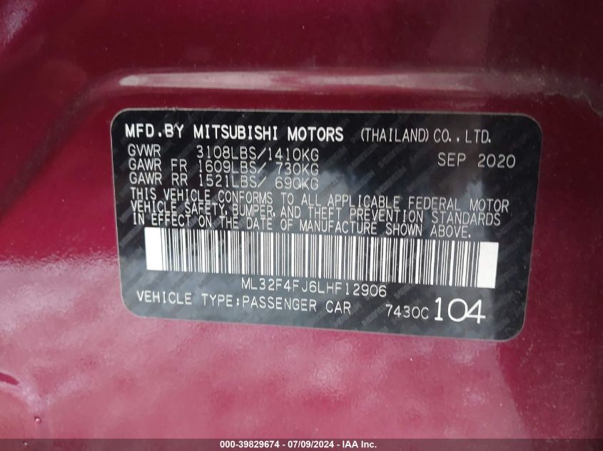 2020 Mitsubishi Mirage G4 Le/Se VIN: ML32F4FJ6LHF12906 Lot: 39829674