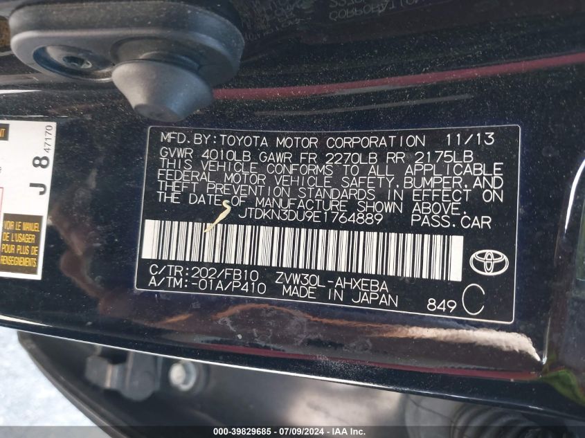 2014 Toyota Prius Two VIN: JTDKN3DU9E1764889 Lot: 39829685