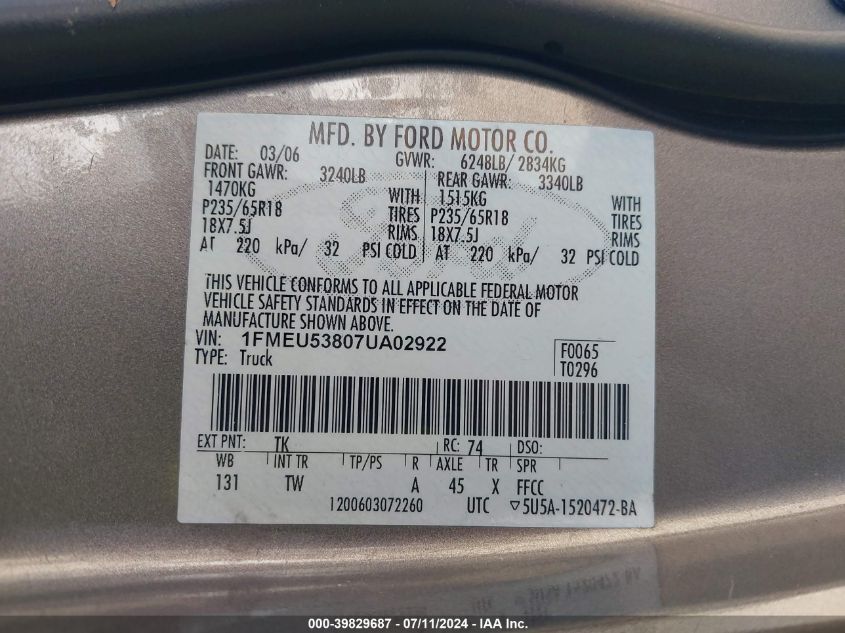 2007 Ford Explorer Sport Trac Limited VIN: 1FMEU53807UA02922 Lot: 39829687