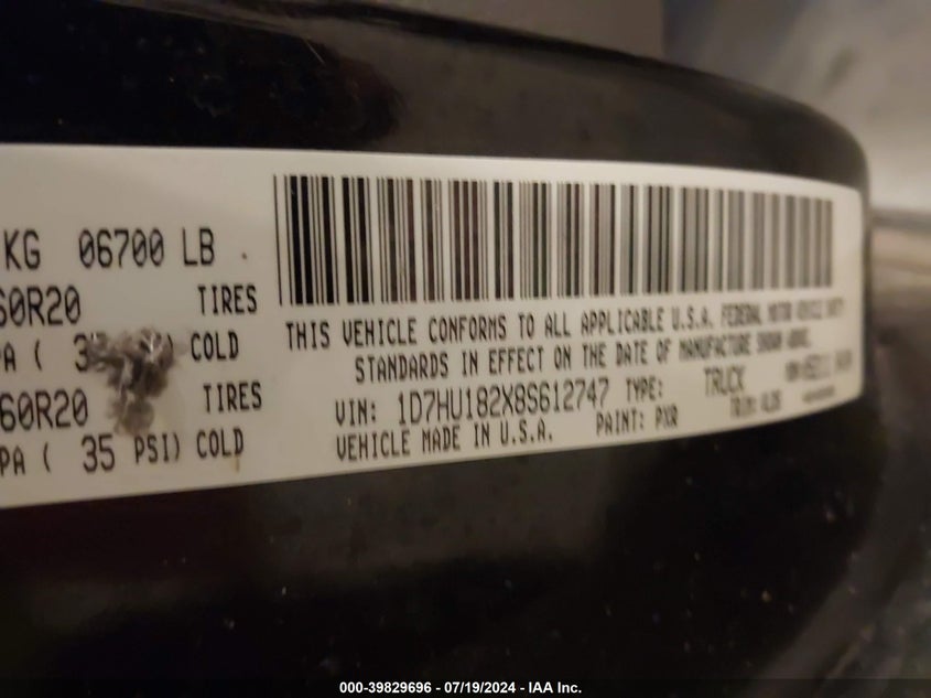 2008 Dodge Ram 1500 Laramie VIN: 1D7HU182X8S612747 Lot: 39829696
