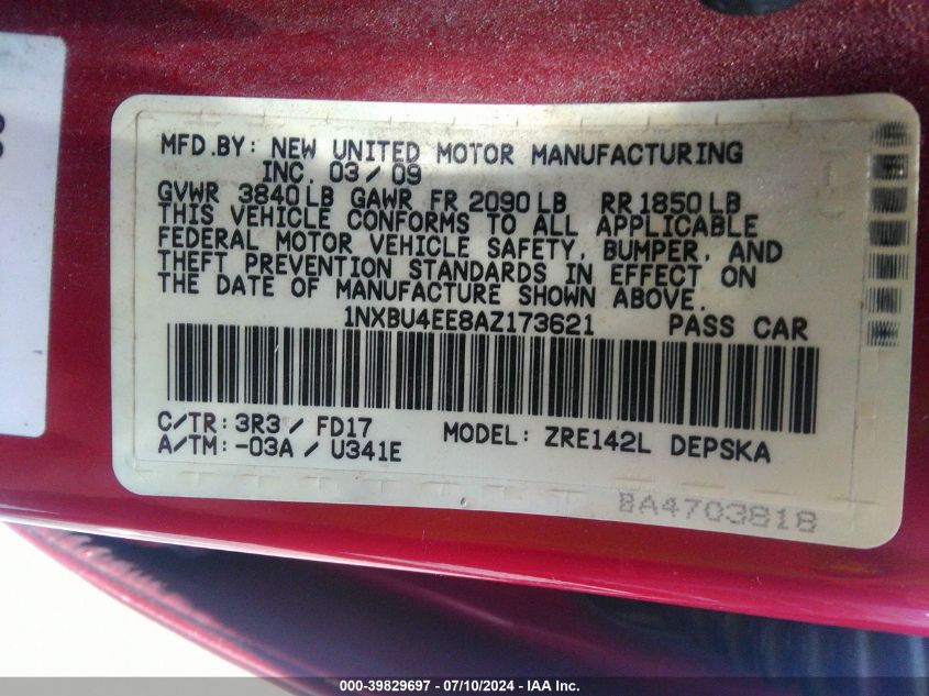 2010 Toyota Corolla S VIN: 1NXBU4EE8AZ173621 Lot: 39829697