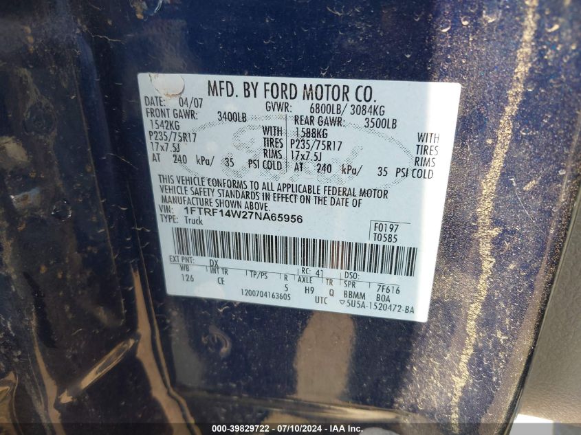 2007 Ford F-150 Stx/Xl/Xlt VIN: 1FTRF14W27NA65956 Lot: 39829722