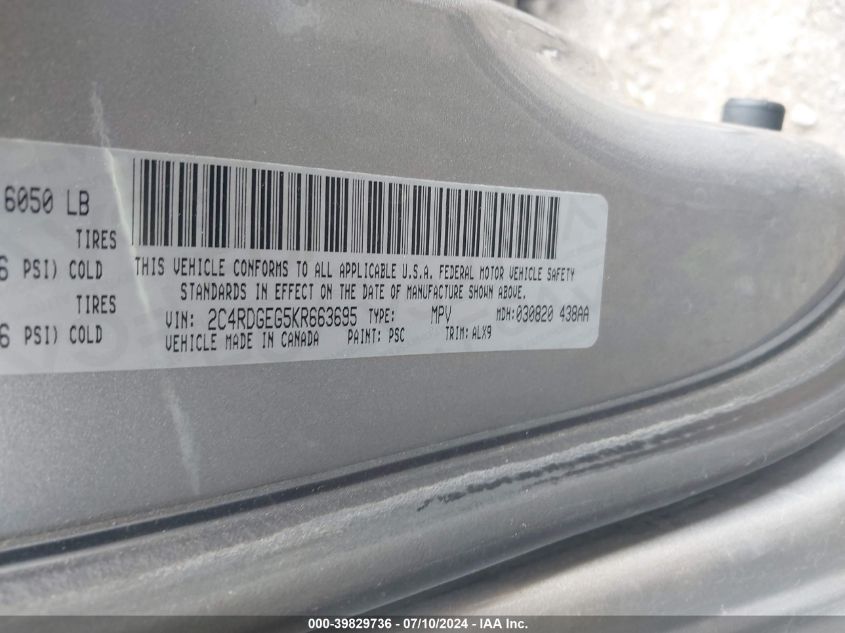 2019 Dodge Grand Caravan Gt VIN: 2C4RDGEG5KR663695 Lot: 39829736