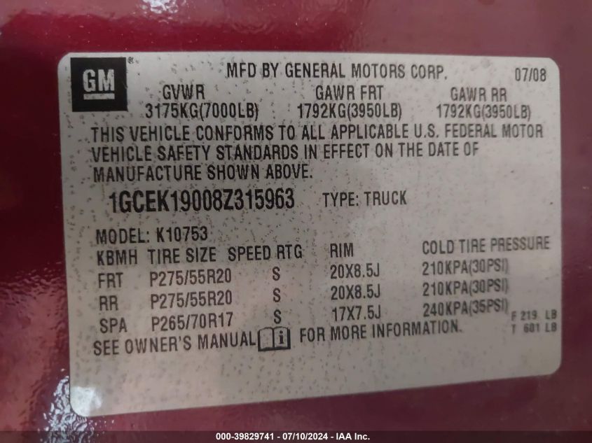 2008 Chevrolet Silverado K1500 VIN: 1GCEK19008Z315963 Lot: 39829741