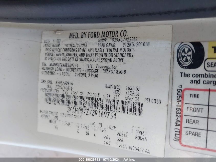 2008 Ford Fusion Se VIN: 3FAHP07ZX8R169754 Lot: 39829743