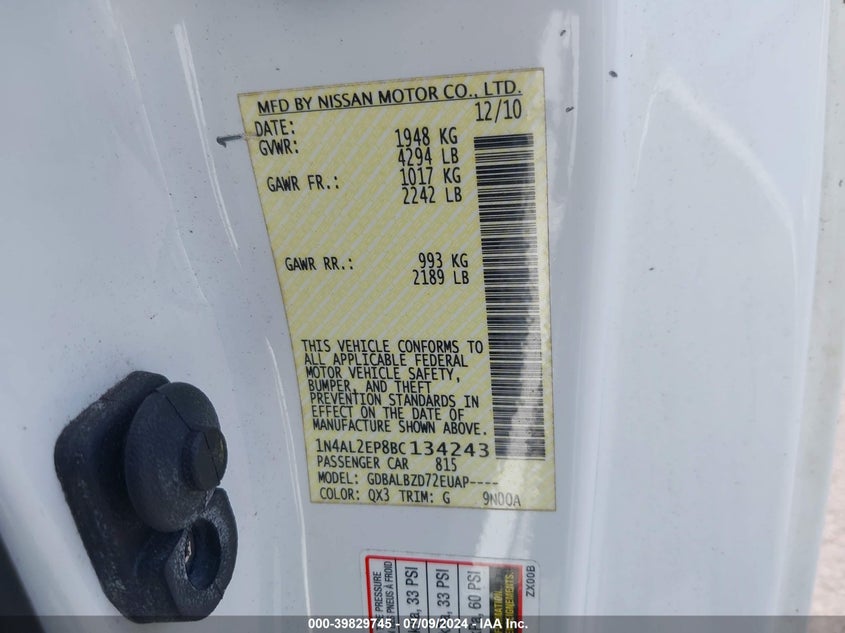 2011 Nissan Altima 2.5 S VIN: 1N4AL2EP8BC134243 Lot: 39829745