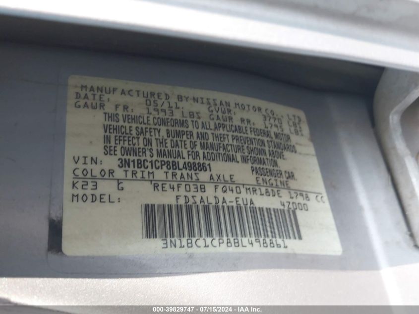 2011 Nissan Versa 1.8S VIN: 3N1BC1CP8BL498861 Lot: 39829747