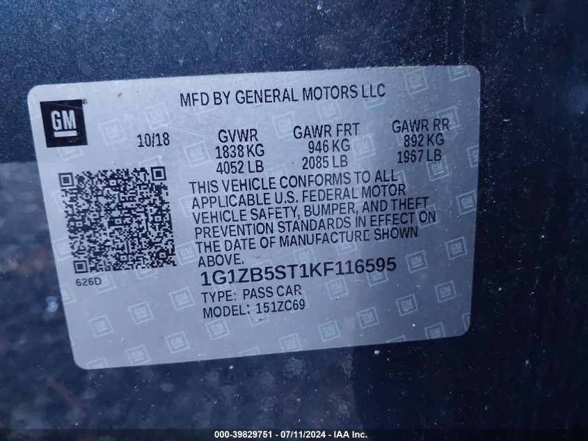 2019 CHEVROLET MALIBU 1LS - 1G1ZB5ST1KF116595