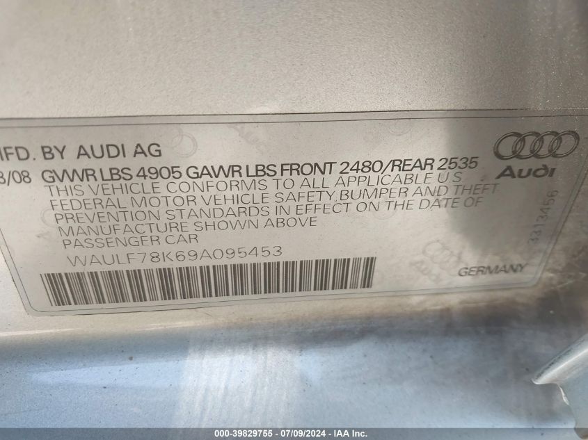 2009 Audi A4 2.0T Premium VIN: WAULF78K69A095453 Lot: 39829755