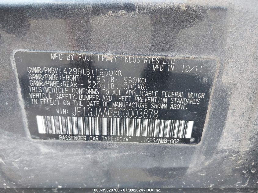 2012 Subaru Impreza 2.0I VIN: JF1GJAA68CG003878 Lot: 39829760