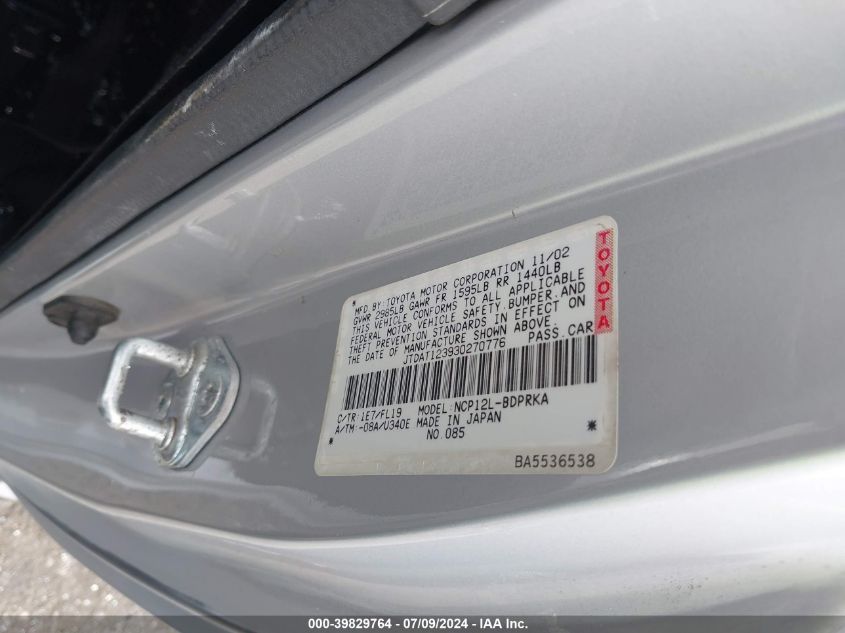 2003 Toyota Echo VIN: JTDAT123930270776 Lot: 39829764