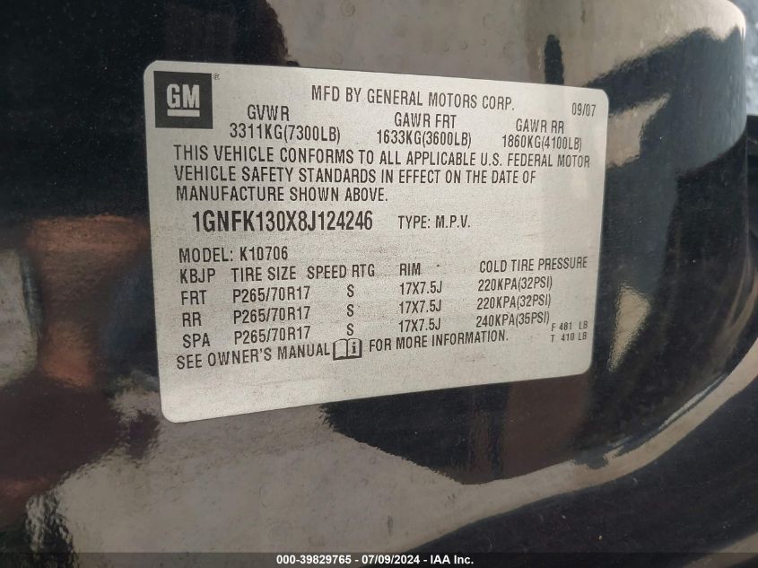 2008 Chevrolet Tahoe Lt VIN: 1GNFK130X8J124246 Lot: 39829765