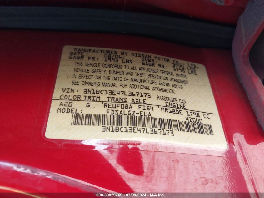 2007 Nissan Versa 1.8Sl VIN: 3N1BC13E47L367173 Lot: 39829769