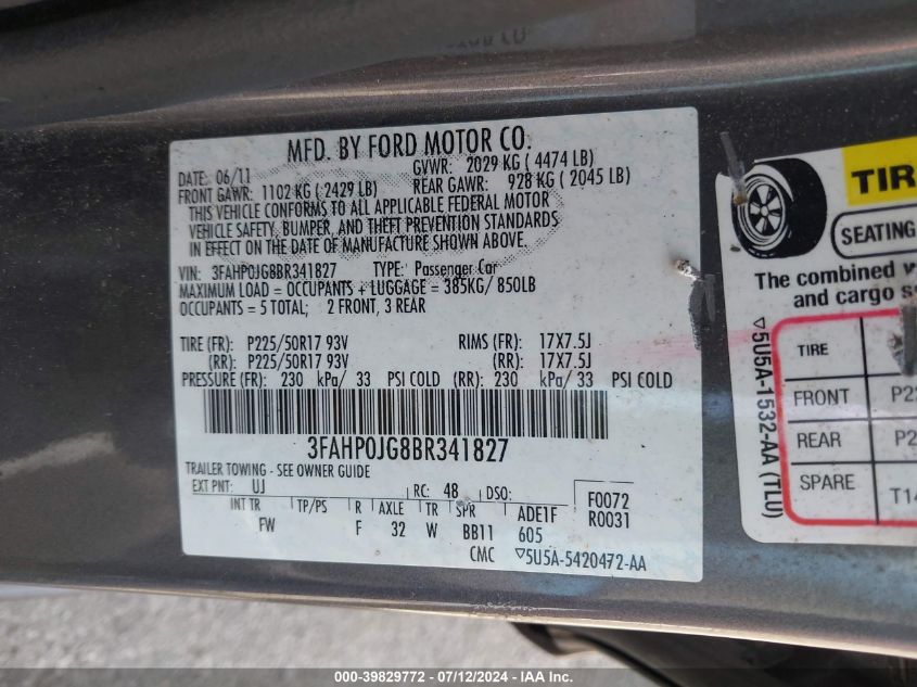 2011 Ford Fusion Sel VIN: 3FAHP0JG8BR341827 Lot: 39829772