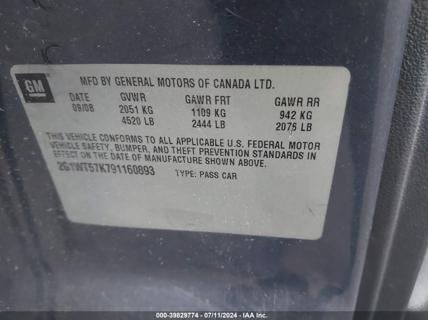 2009 Chevrolet Impala Lt VIN: 2G1WT57K791160893 Lot: 39829774