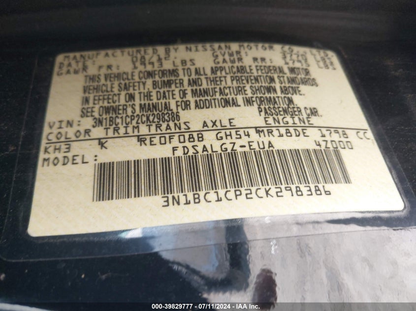 2012 Nissan Versa 1.8 Sl VIN: 3N1BC1CP2CK298386 Lot: 39829777