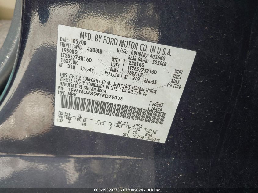 2000 Ford Excursion Limited VIN: 1FMNU43S9YED79038 Lot: 39829778