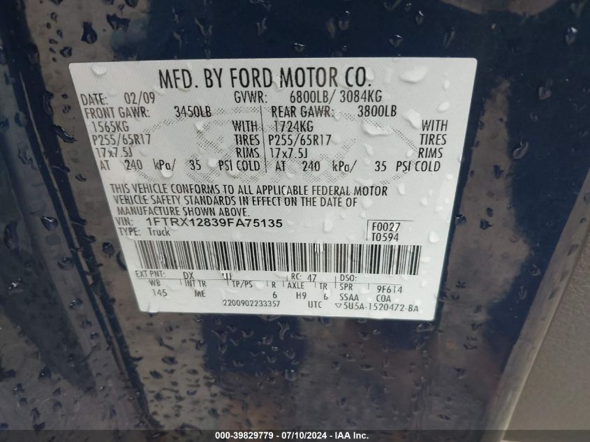 2009 Ford F-150 Xlt VIN: 1FTRX12839FA75135 Lot: 39829779