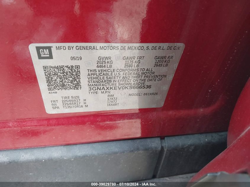 2019 Chevrolet Equinox Lt VIN: 3GNAXKEV0KS666536 Lot: 39829780