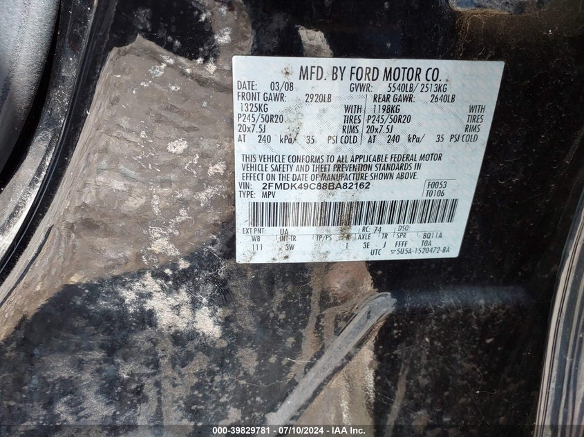 2008 Ford Edge Limited VIN: 2FMDK49C88BA82162 Lot: 39829781