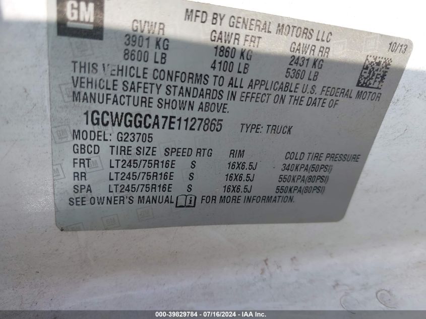 2014 Chevrolet Express 2500 Work Van VIN: 1GCWGGCA7E1127865 Lot: 39829784