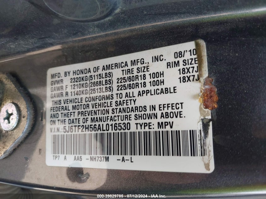 2010 Honda Accord Crosstour Ex-L VIN: 5J6TF2H56AL016530 Lot: 39829785