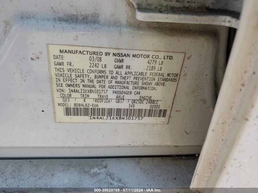2008 Nissan Altima 2.5 S VIN: 1N4AL21EX8N501757 Lot: 39829789