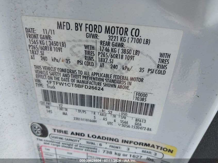 2011 Ford F-150 Xlt VIN: 1FTFW1CT5BFD26624 Lot: 39829804