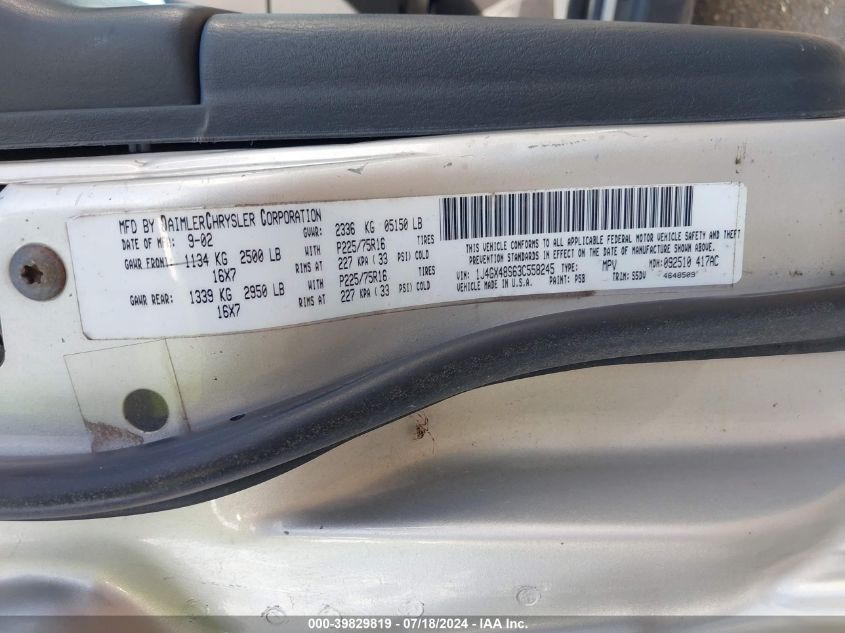 2003 Jeep Grand Cherokee Laredo VIN: 1J4GX48S63C558245 Lot: 39829819