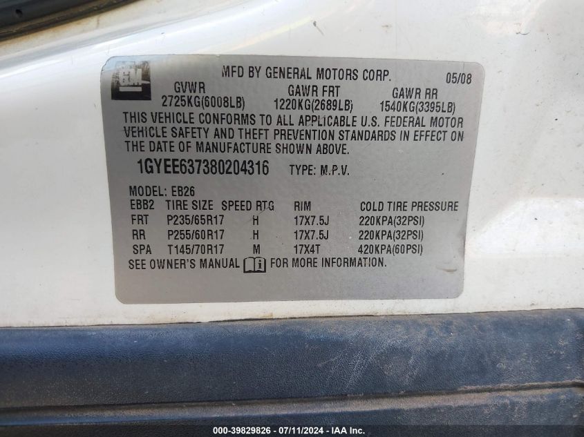 2008 Cadillac Srx V6 VIN: 1GYEE637380204316 Lot: 39829826