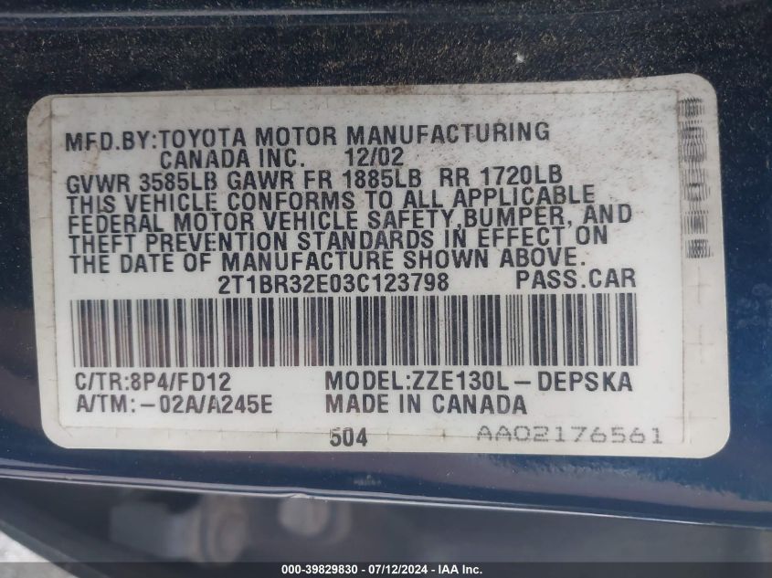 2T1BR32E03C123798 2003 Toyota Corolla S