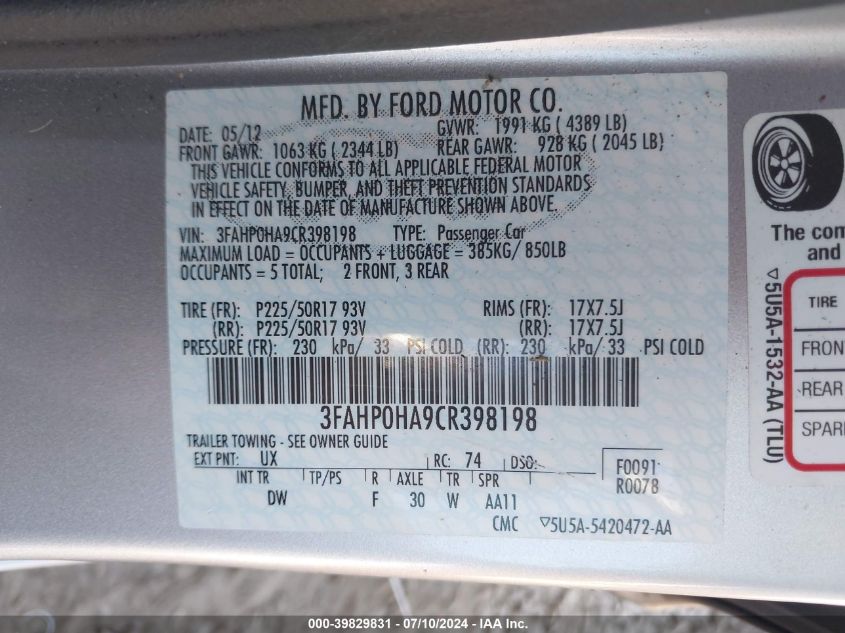 2012 Ford Fusion Se VIN: 3FAHP0HA9CR398198 Lot: 39829831