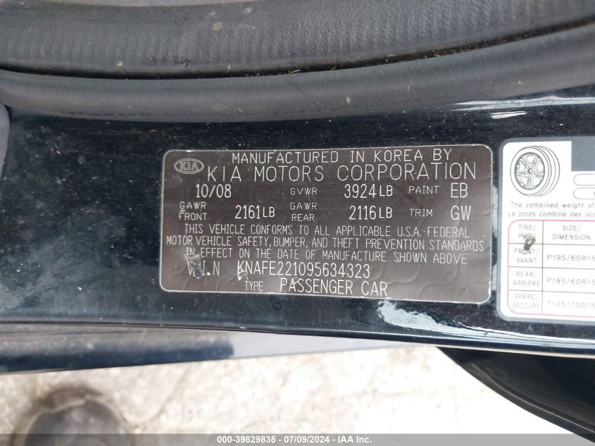 2009 Kia Spectra Ex VIN: KNAFE221095634323 Lot: 39829835