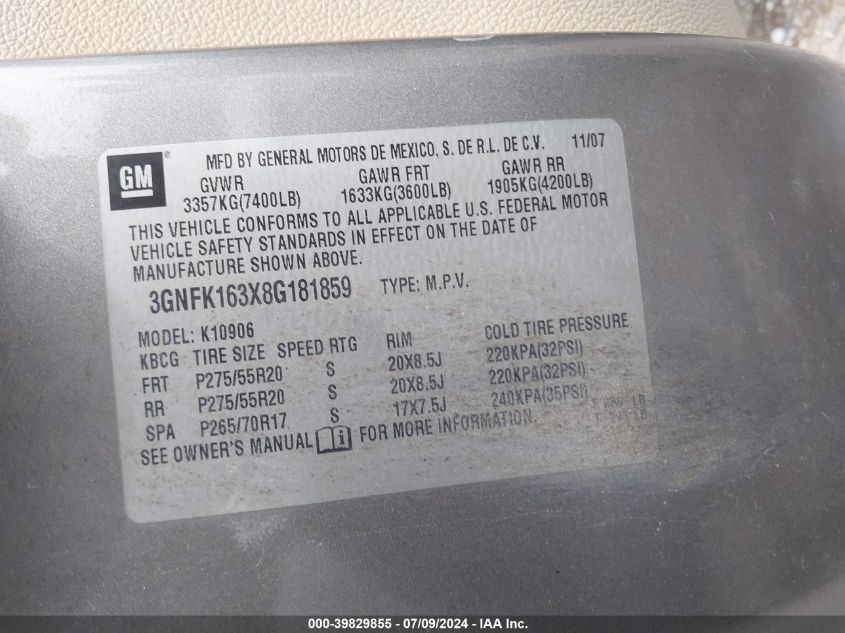 2008 Chevrolet Suburban 1500 Lt VIN: 3GNFK163X8G181859 Lot: 39829855