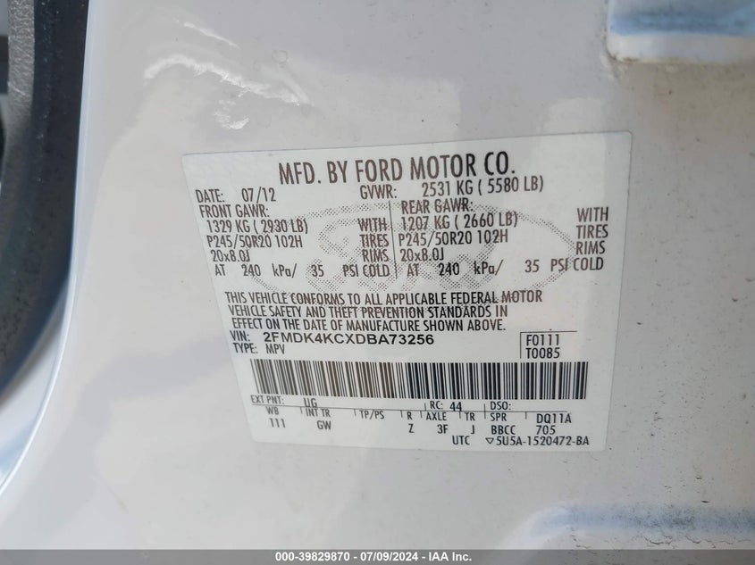 2013 Ford Edge Limited VIN: 2FMDK4KCXDBA73256 Lot: 39829870