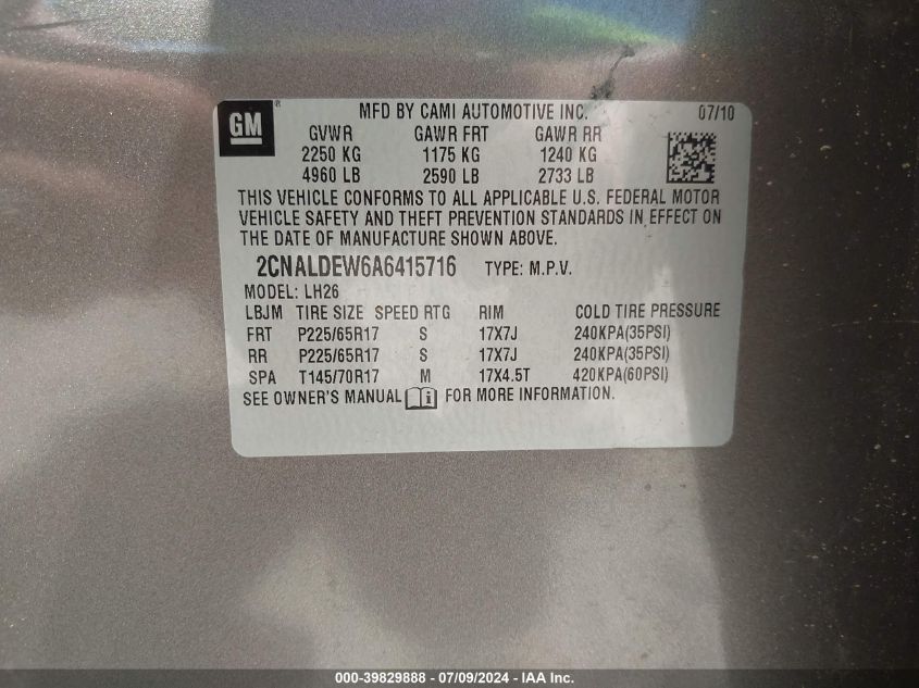 2010 Chevrolet Equinox Lt VIN: 2CNALDEW6A6415716 Lot: 39829888