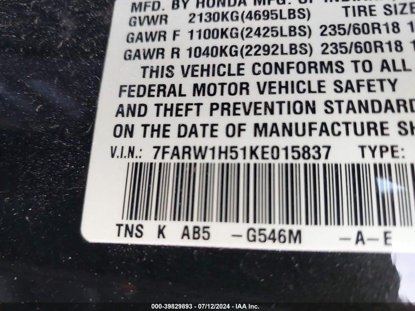 2019 HONDA CR-V EX - 7FARW1H51KE015837