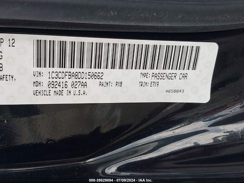 2013 Dodge Dart Sxt VIN: 1C3CDFBA8DD150662 Lot: 39829894