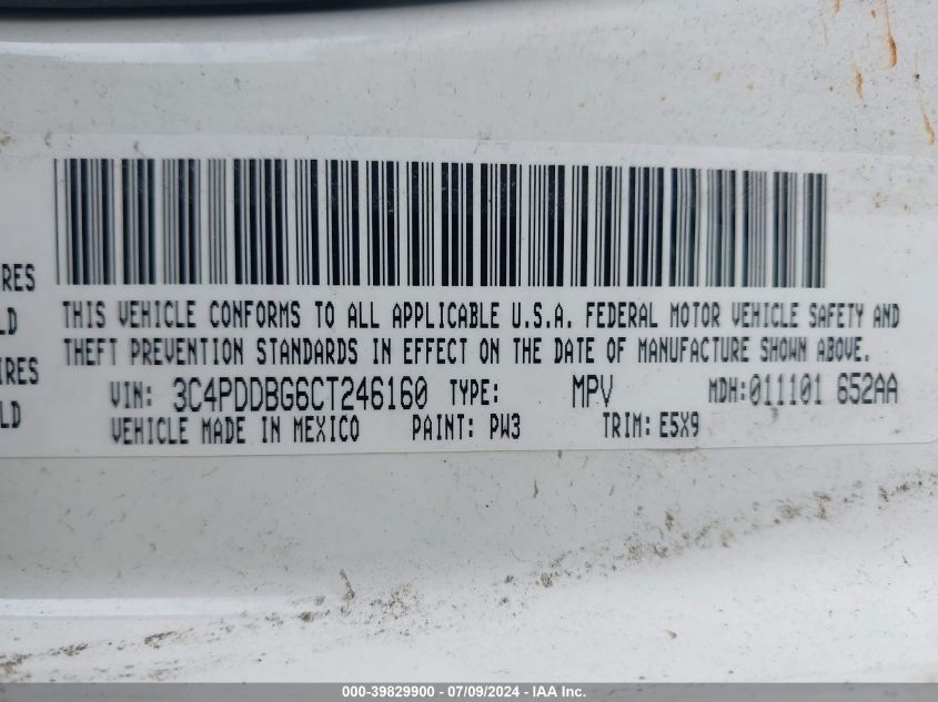 2012 Dodge Journey Sxt VIN: 3C4PDDBG6CT246160 Lot: 39829900