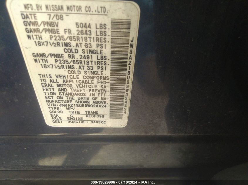 2009 Nissan Murano S/Sl VIN: JN8AZ18U89W024424 Lot: 39829906