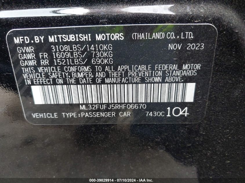 2024 Mitsubishi Mirage G4 G4 Es/G4 Le/G4 Black Edit VIN: ML32FUFJ5RHF06670 Lot: 39829914