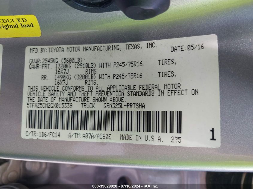 2016 Toyota Tacoma Sr5 V6 VIN: 5TFAZ5CN2GX015339 Lot: 39829920