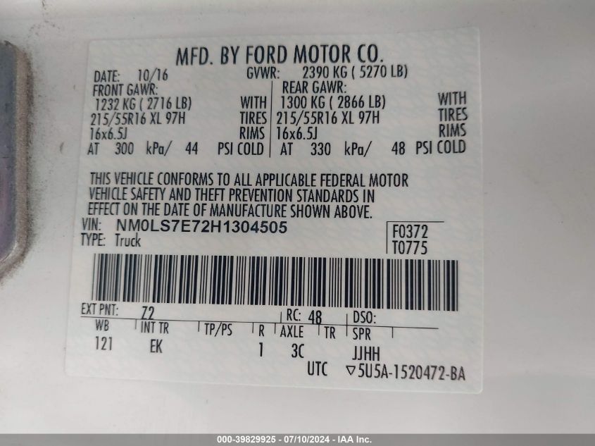 2017 Ford Transit Connect Xl VIN: NM0LS7E72H1304505 Lot: 39829925