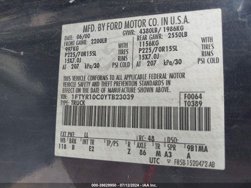 2000 Ford Ranger VIN: 01FTYR10C0YTB2303 Lot: 39829950