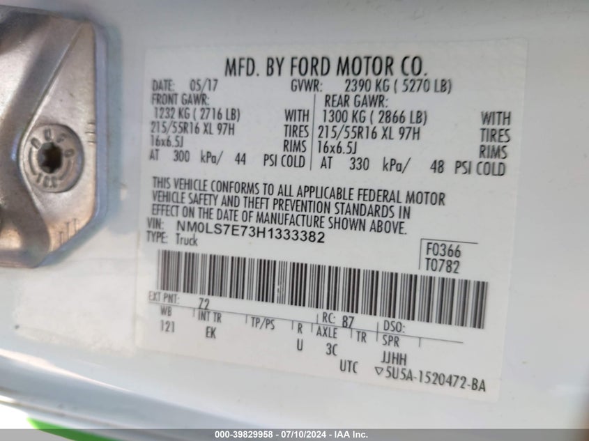 VIN NM0LS7E73H1333382 2017 FORD TRANSIT CONNECT XL