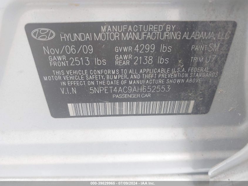 2010 Hyundai Sonata Gls VIN: 5NPET4AC9AH652553 Lot: 39829965