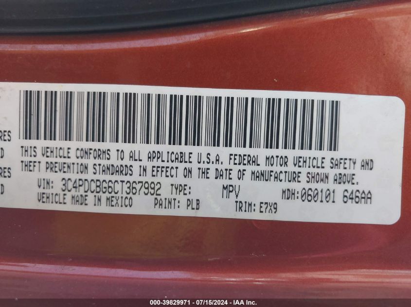 2012 Dodge Journey Sxt VIN: 3C4PDCBG6CT367992 Lot: 39829971