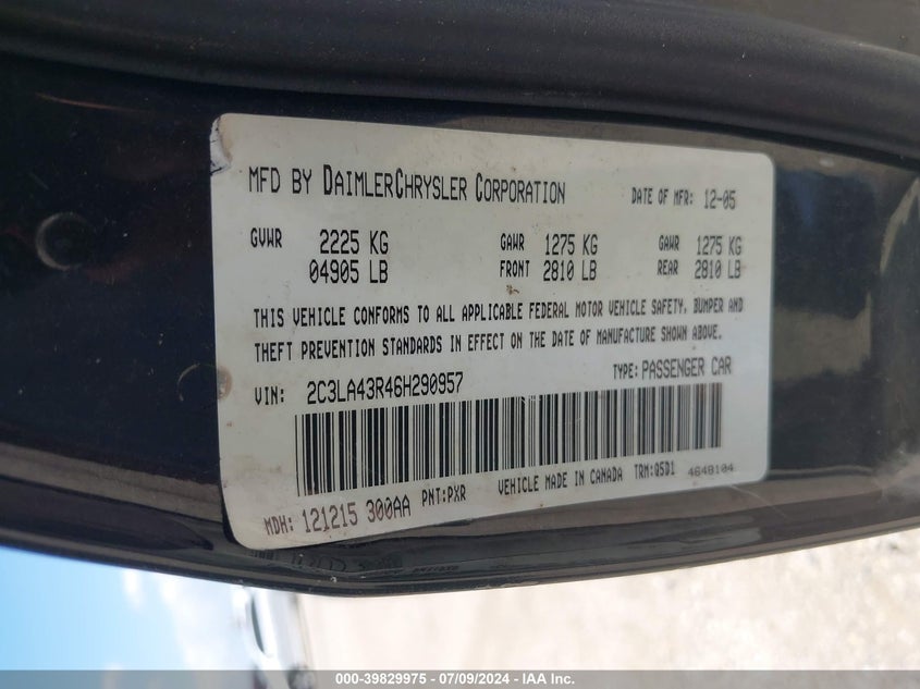 2006 Chrysler 300 VIN: 2C3LA43R46H290957 Lot: 39829975