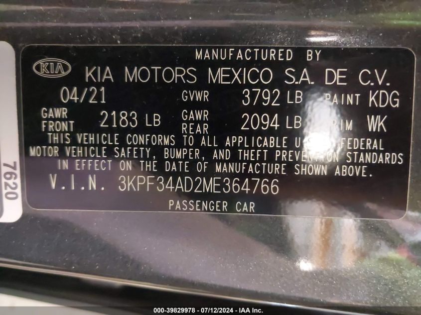 2021 KIA FORTE GT-LINE - 3KPF34AD2ME364766