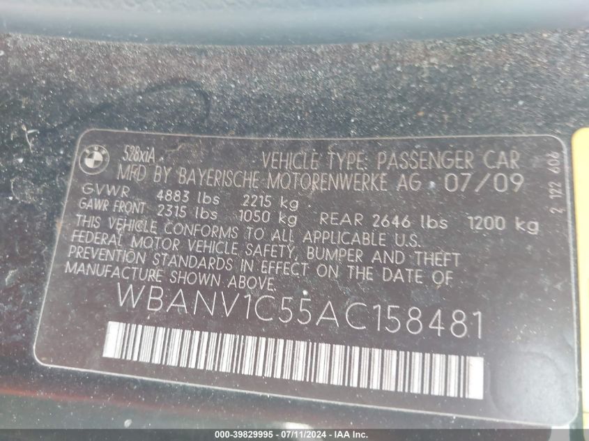 2010 BMW 528I xDrive VIN: WBANV1C55AC158481 Lot: 39829995